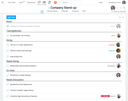 Screenshot of the Sendwithus Stand-Up Asana board.