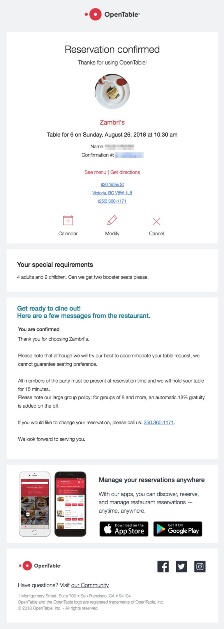 OpenTable email example