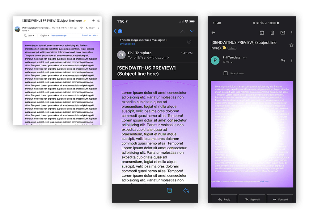 Comparison view of Gmail email clients displaying a background gradient in dark mode, with full color inversion causing readability issues