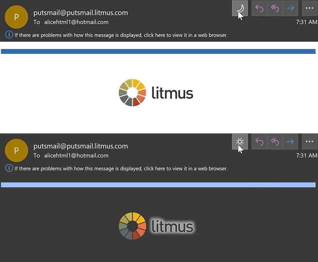 The Litmus logo displayed in light mode and dark mode, with a translucent outline on the logo showing up against a dark background in dark mode