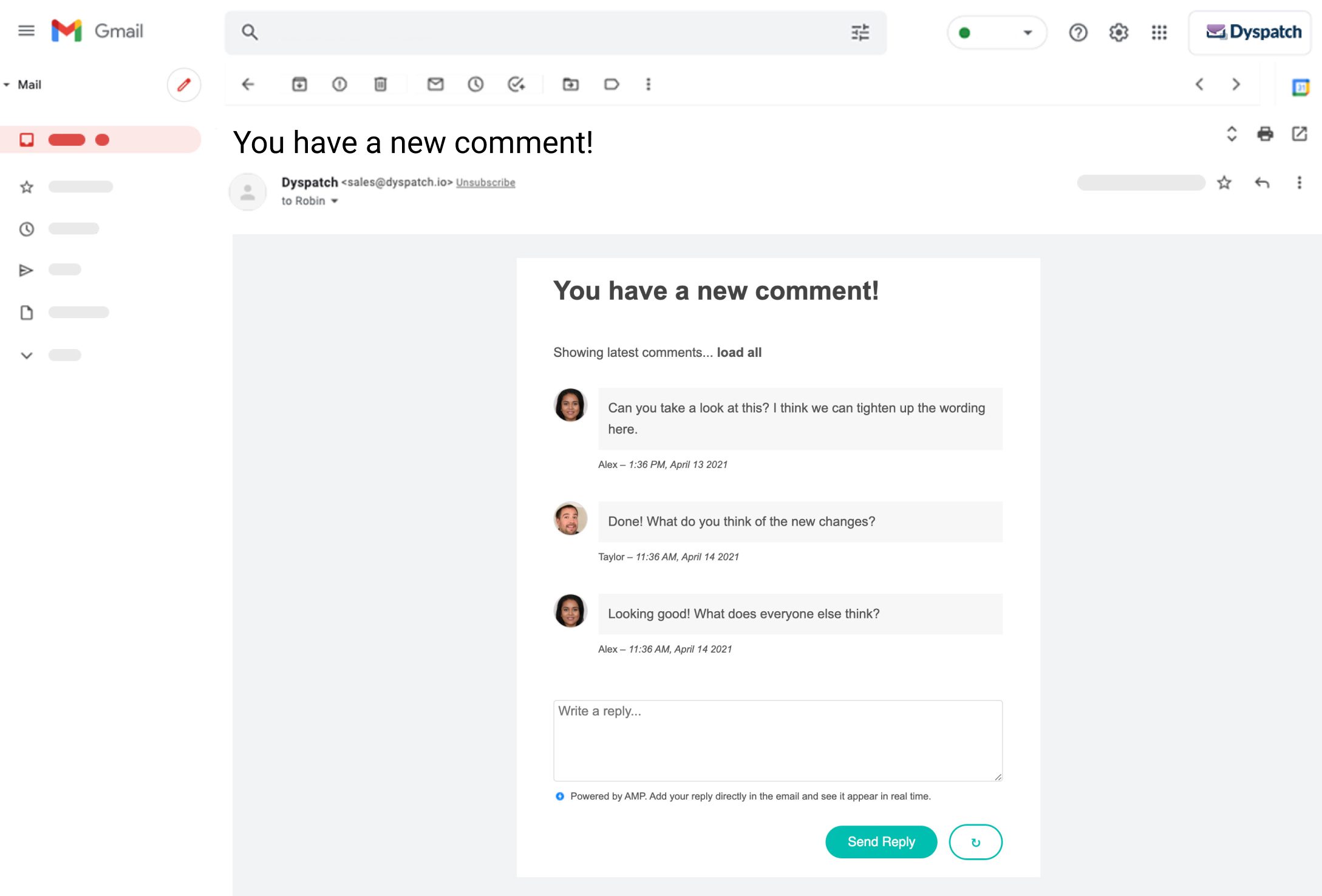 Live commenting AMP email example