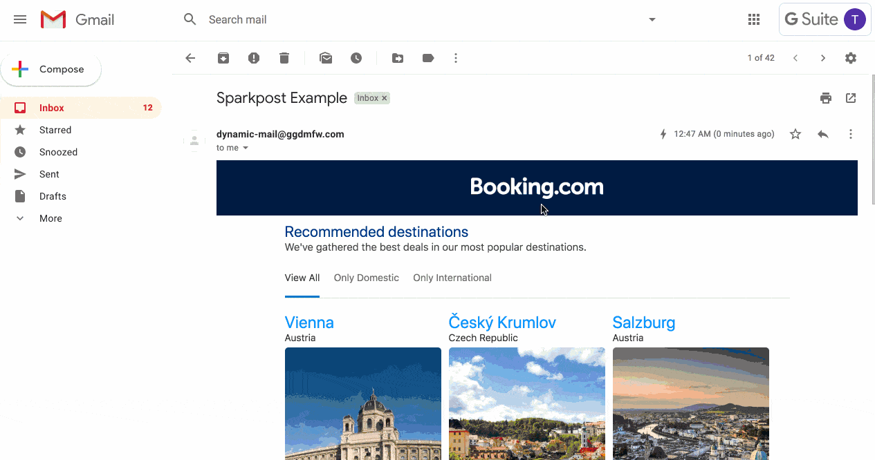 Booking.com sample email with a dynamic list