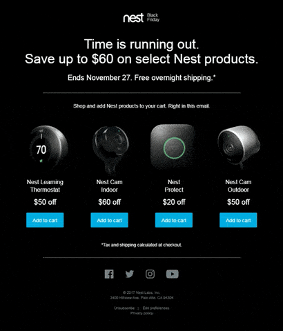 Add to cart AMP email example from Nest 