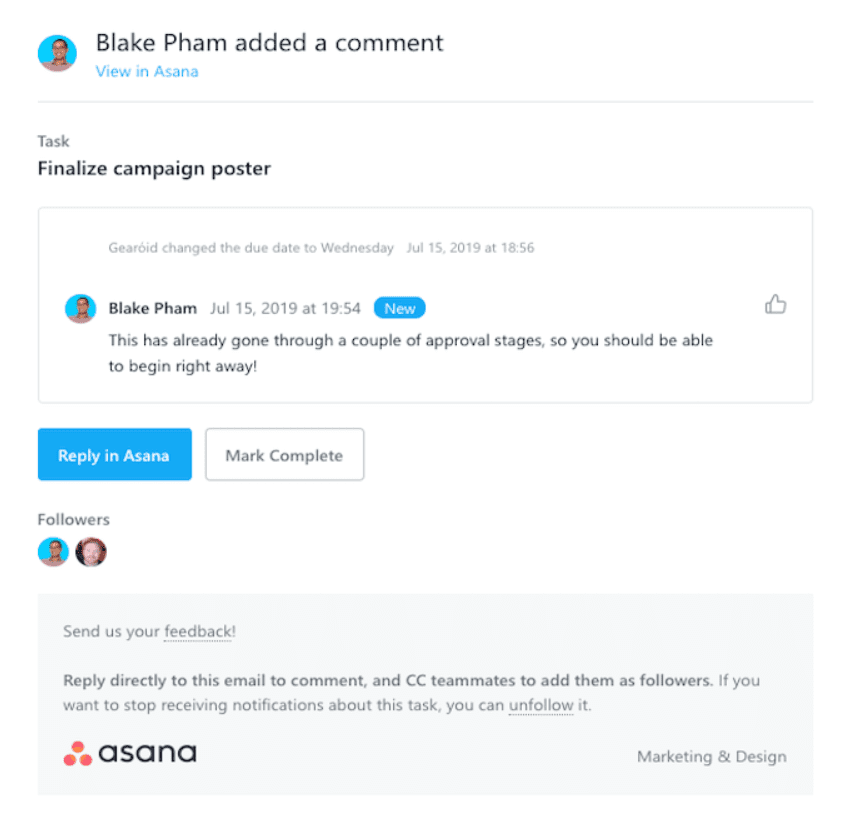 asana sample email