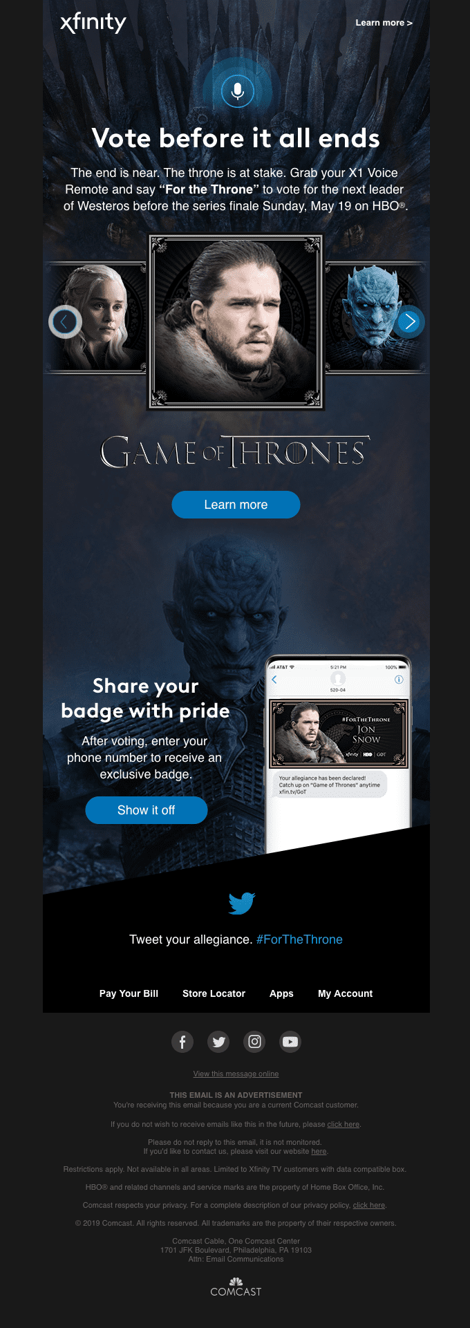 Xfinity the iron throne is waiting sample email