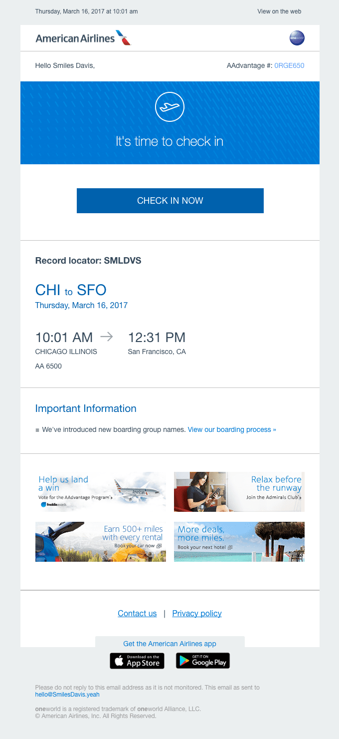 American airlines sample email