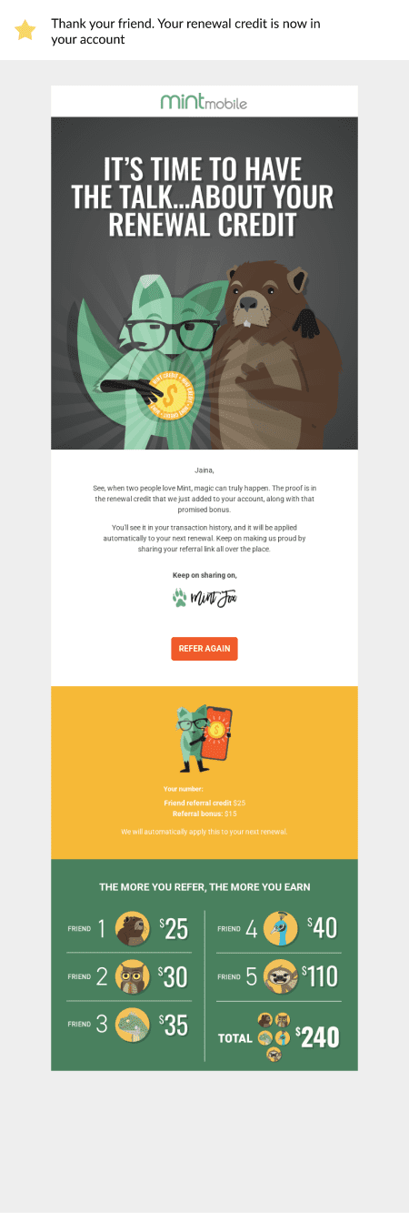 Subject line: Thank your friend. Your renewal credit is now in your account