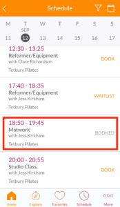 MindBody App Schedule Screen