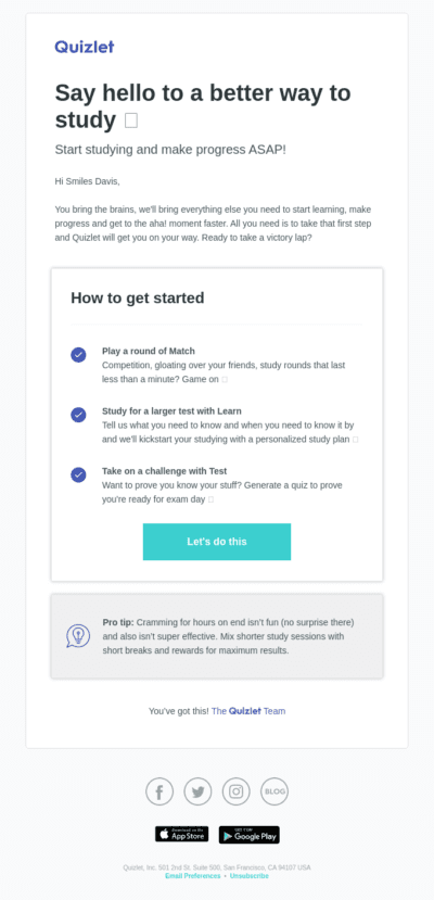 Quizlet onboarding email example