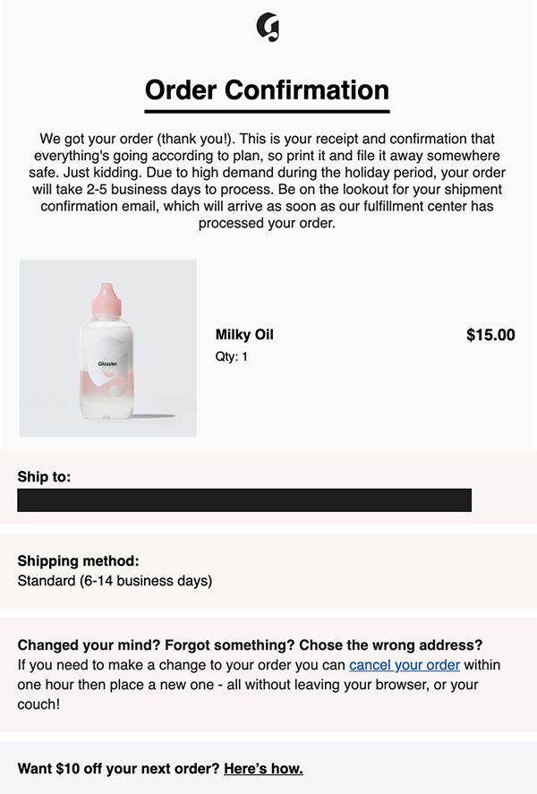 Glossier Order Confirmation Sample