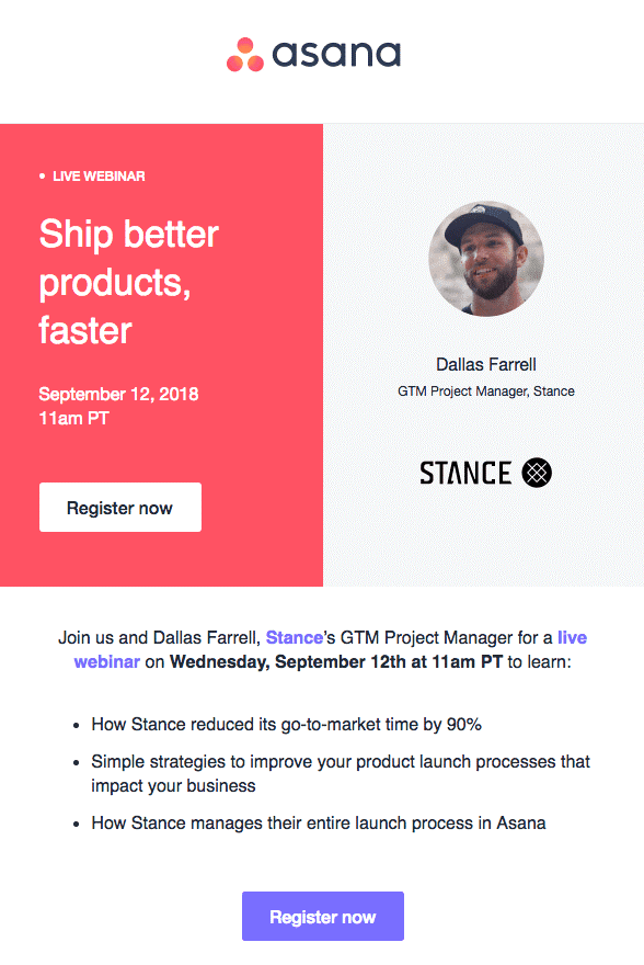 Partner marketing email example from Asana and Stance