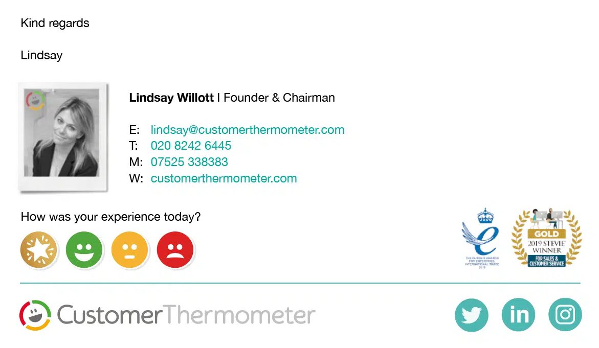 Social proof email signature example from Customer Thermometer