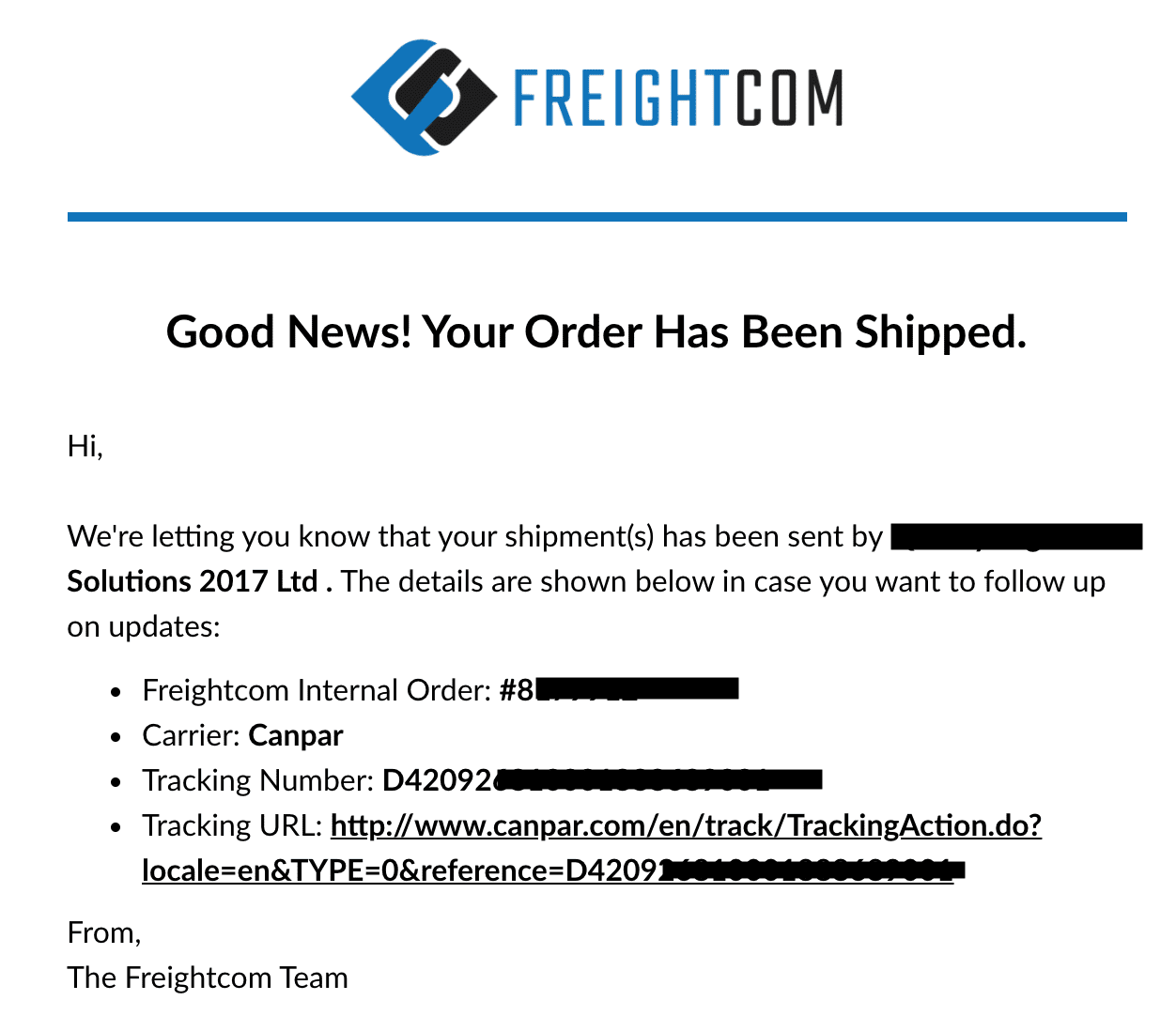 Shipping confirmation and parcel tracking email example from Freightcom