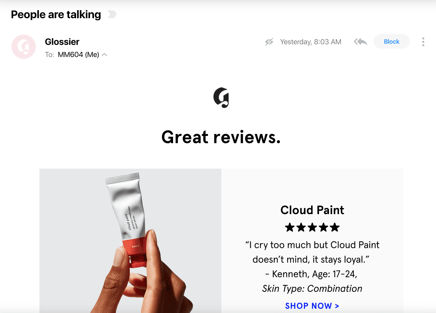 Social proof email subject line example from Glossier