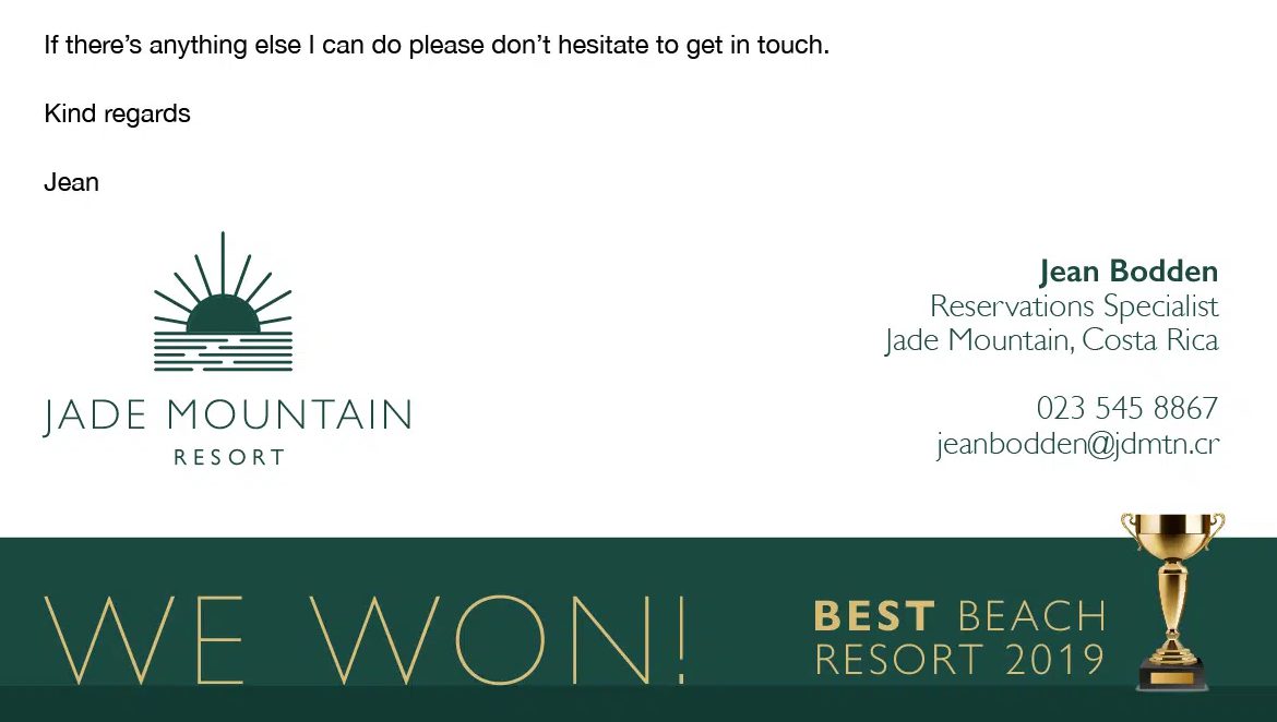 Social proof email signature example from Jade Mountain Resort
