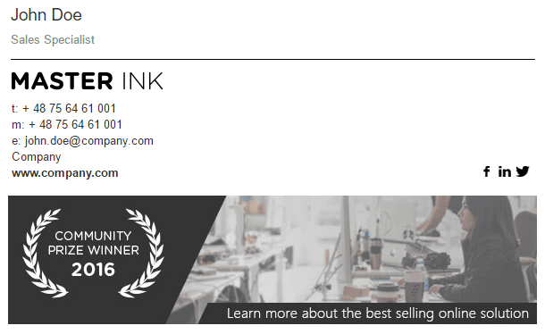 Social proof email signature example from Master Ink