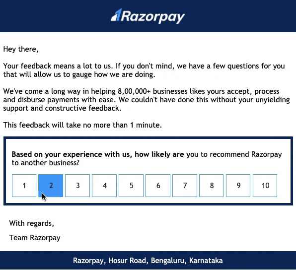 AMP email survey example from Razorpay