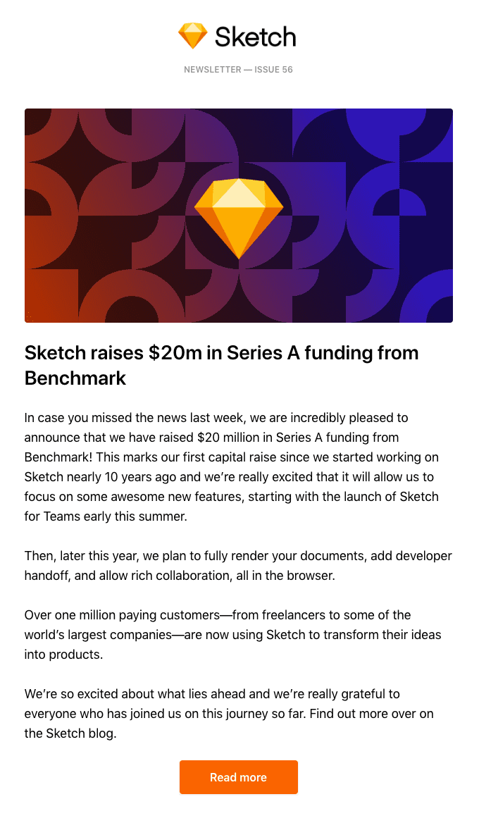 Funding announcement email example from Sketch