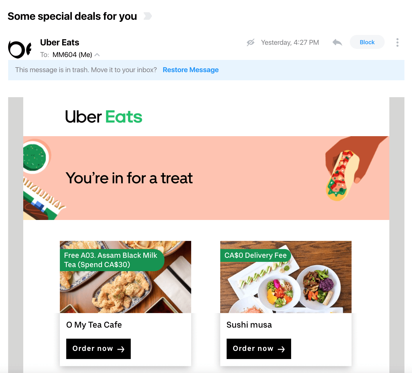 Promotional email example from Uber Eats
