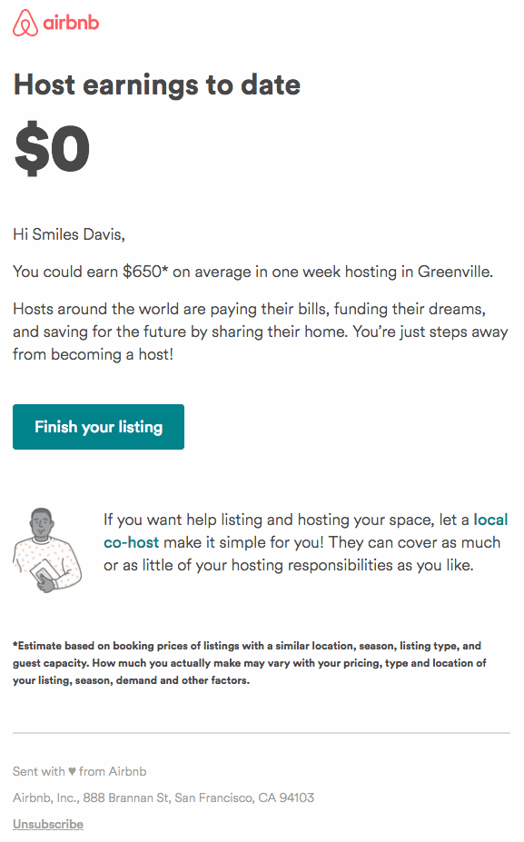 Airbnb email showing $0 host earnings to date with a call out that the receiver could be earning $650 per week by finishing their listing.