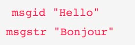PO File reading "Hello" with the translated message string "Bonjour".