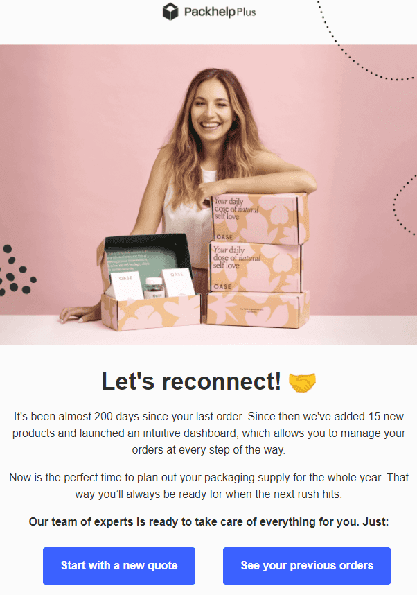 Packhelp email describing new products and features along with the reminder, "It's been 200 days since your last order".