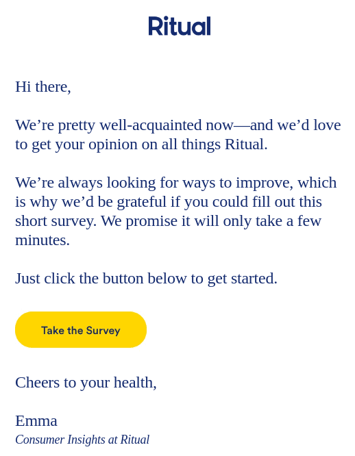 Ritual email prompting customers to provide feedback via survey.