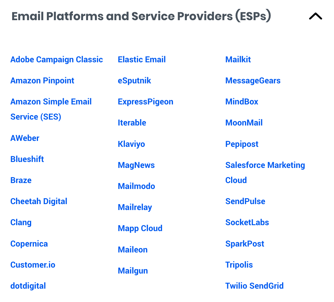 Email platforms and Service Providers list