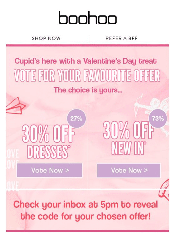 Boohoo email asking subscribers to vote for their favorite offer.