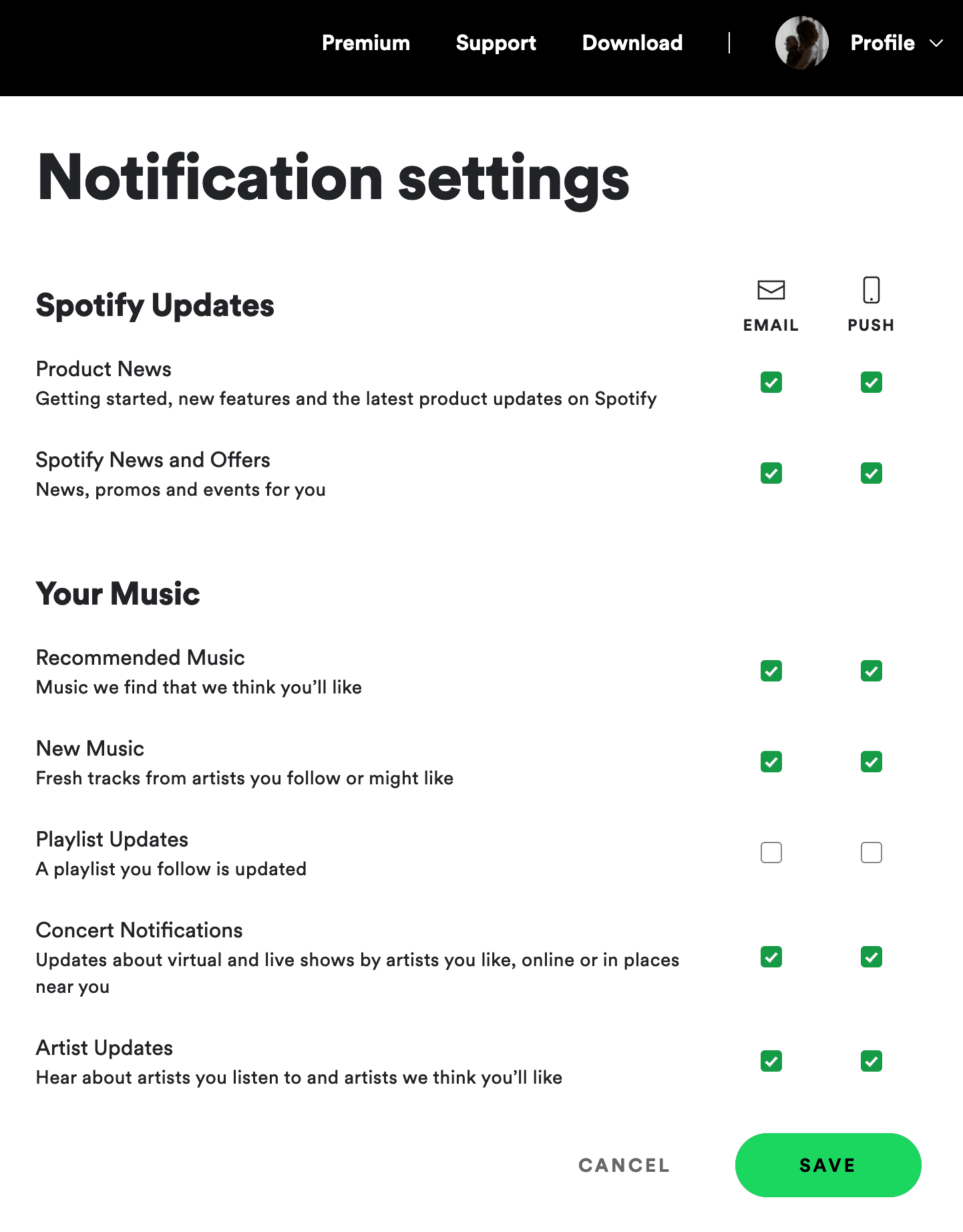 Spotify's email preference page