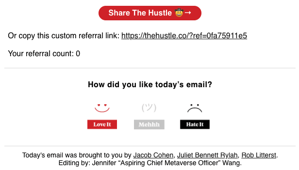 The Hustle newsletter's email satisfaction rating system.