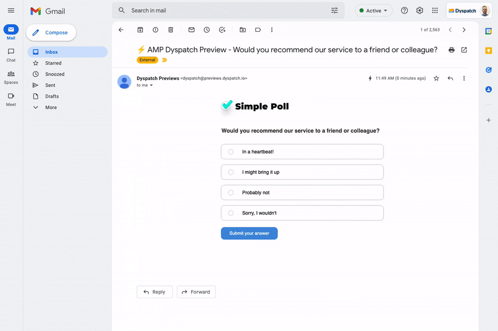 Example of Dyspatch's interactive Poll in Email app in Gmail