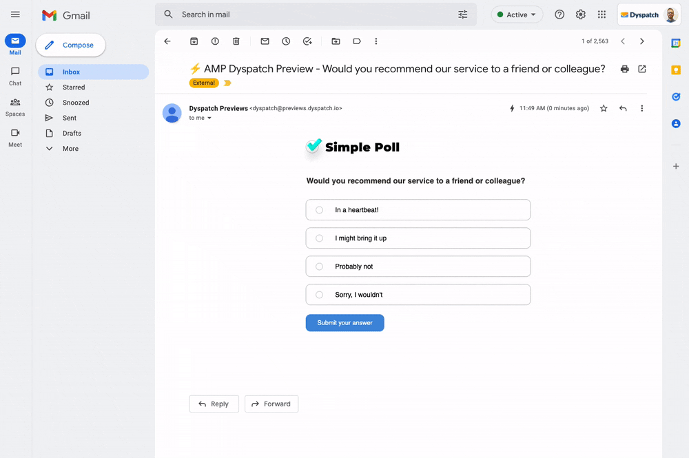 Example of Dyspatch's Poll in Email app used for product feedback.
