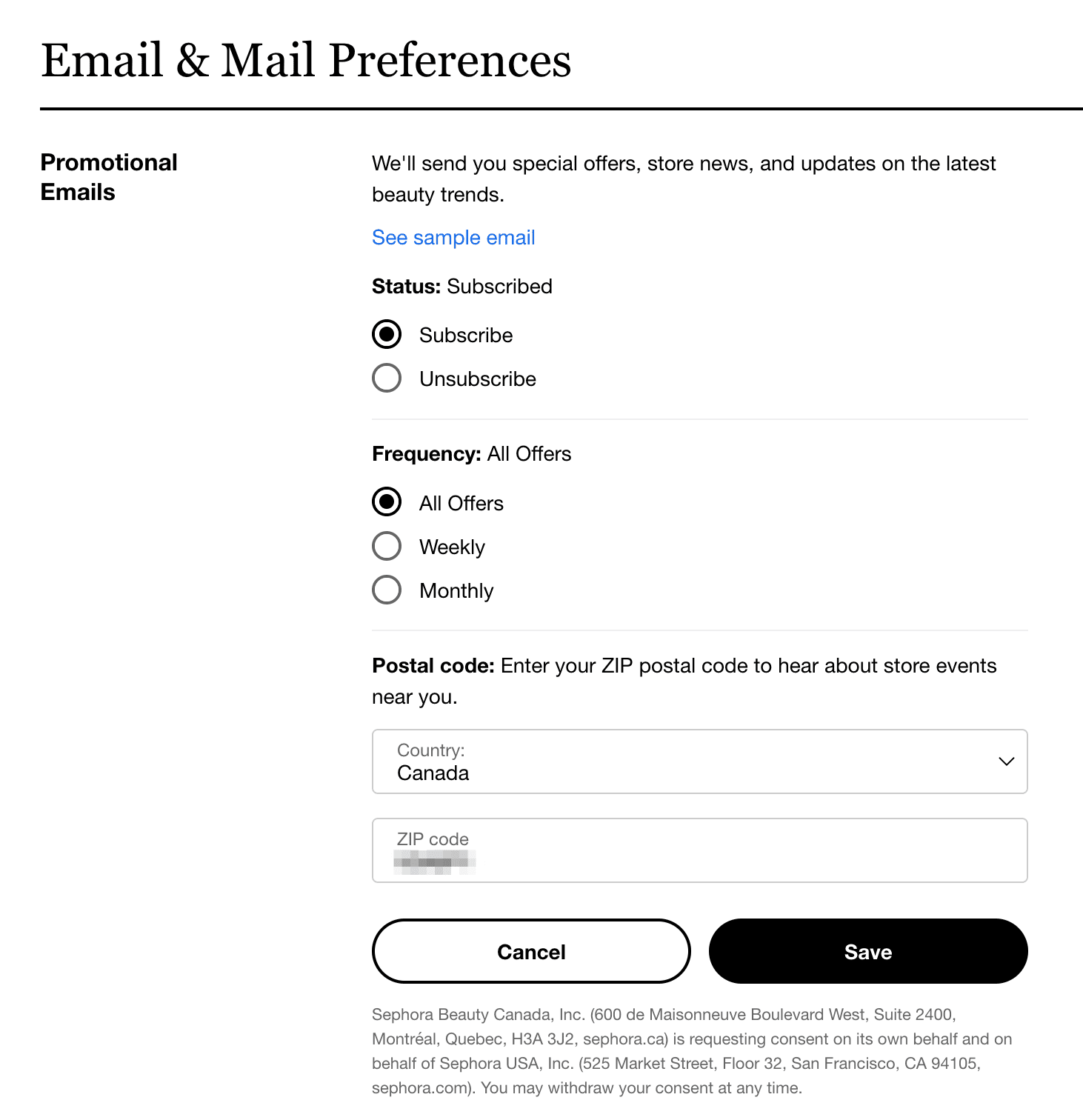 Email preferences form example