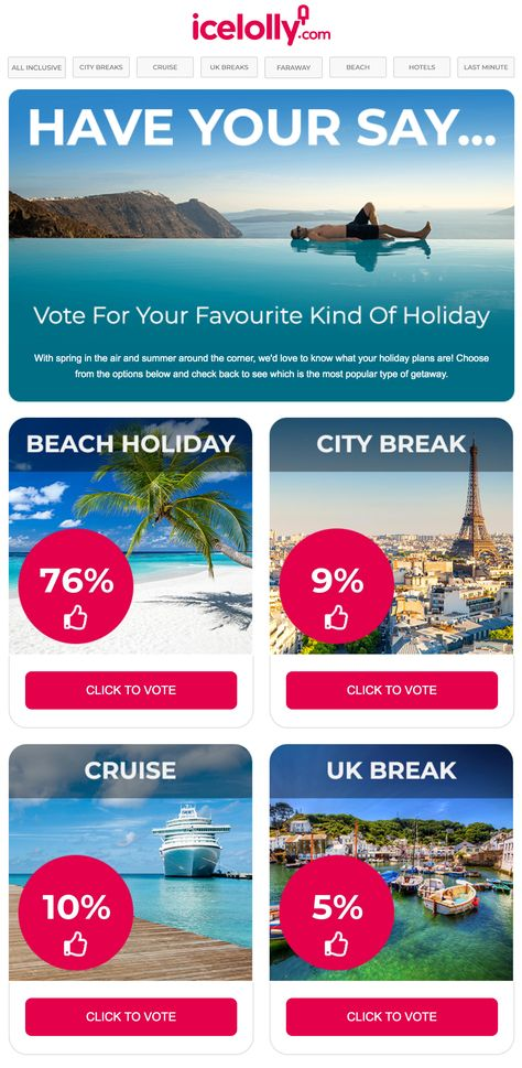 Ice Lolly email marketing poll asking subscribers to vote for their favorite holiday.