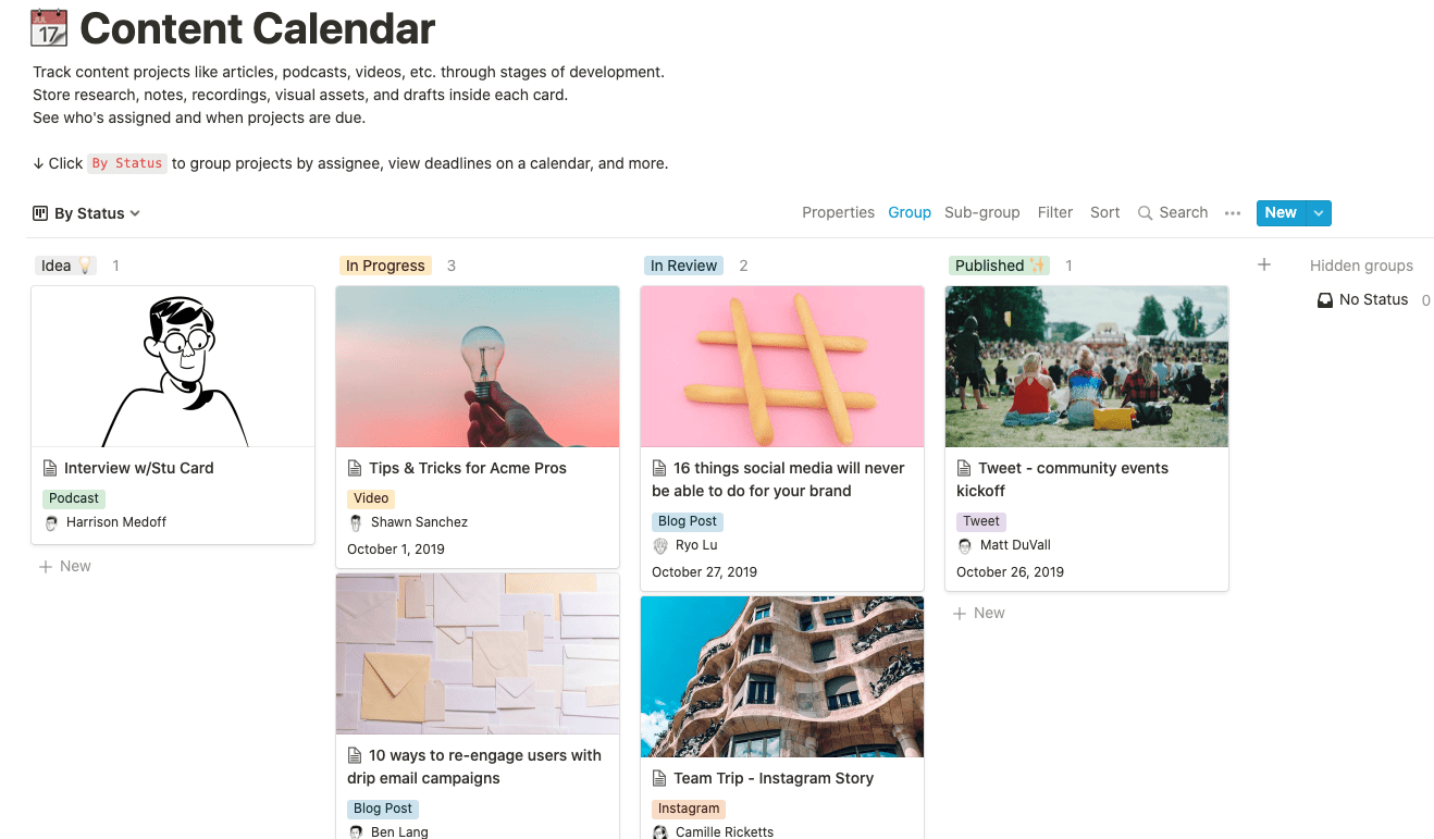 Example of a content calendar template in Notion