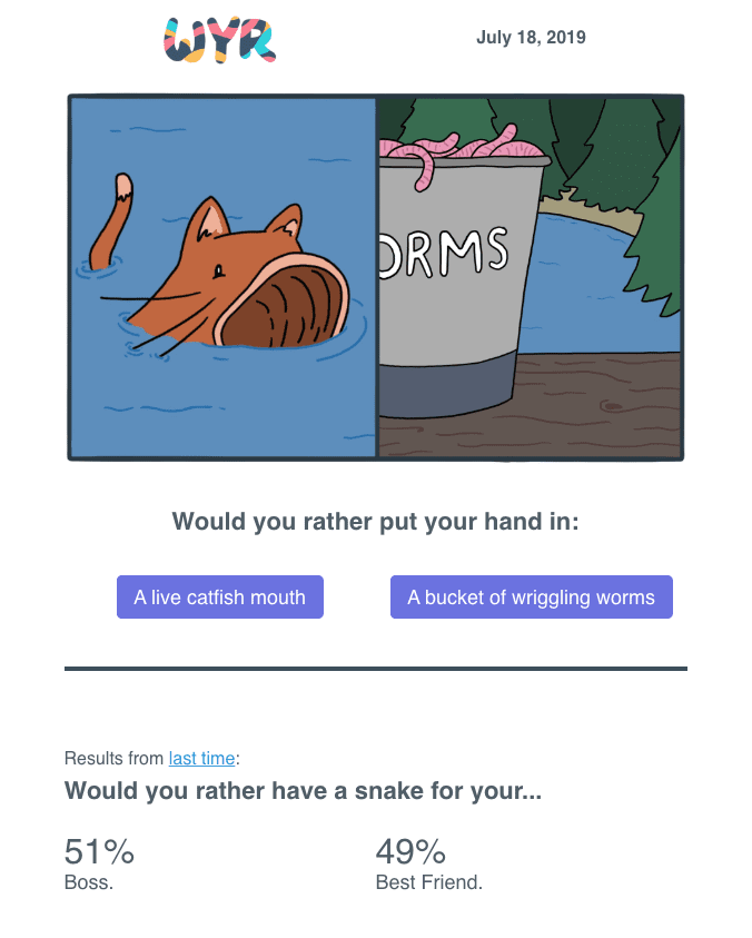 Example newsletter of a static Would You Rather poll in email.