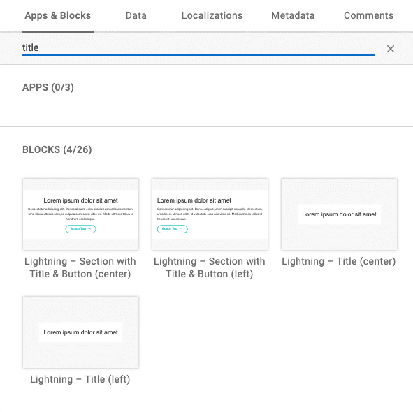 Selecting a block from the search function in Dyspatch