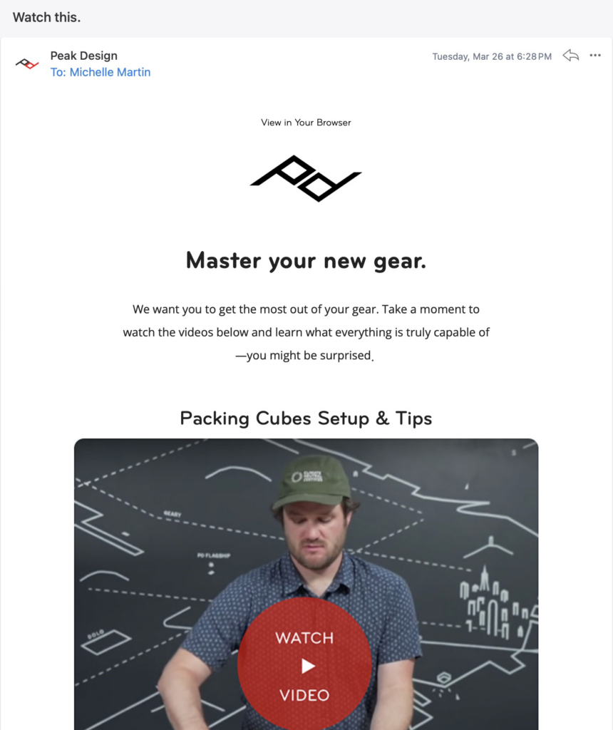 Sample email from Peak designs