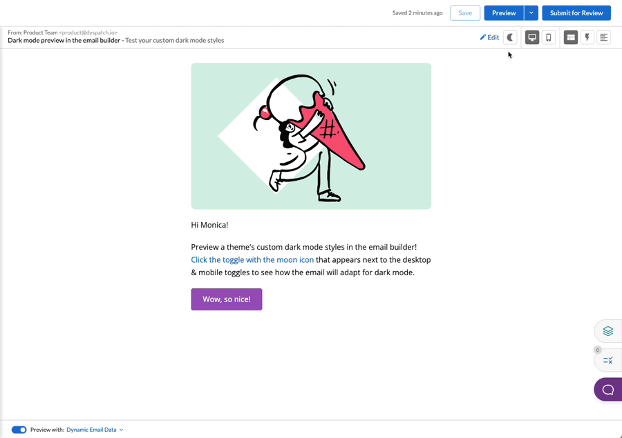 The Dyspatch dark mode email preview in action