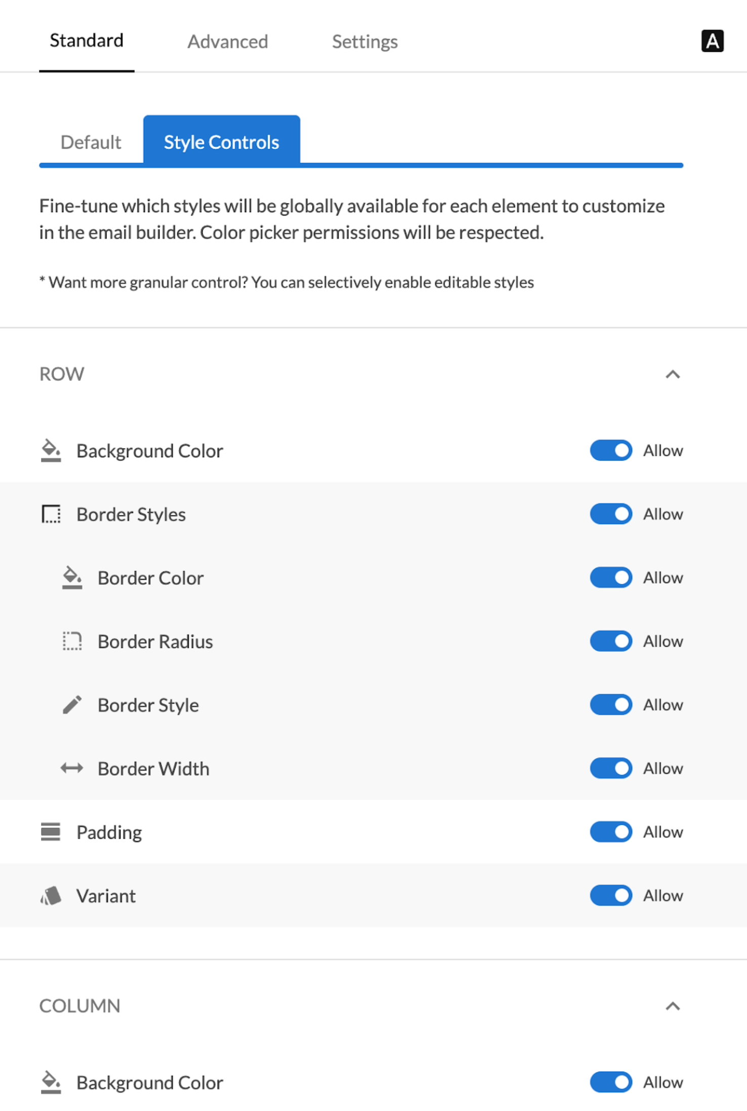 Theme Advanced toggles interface