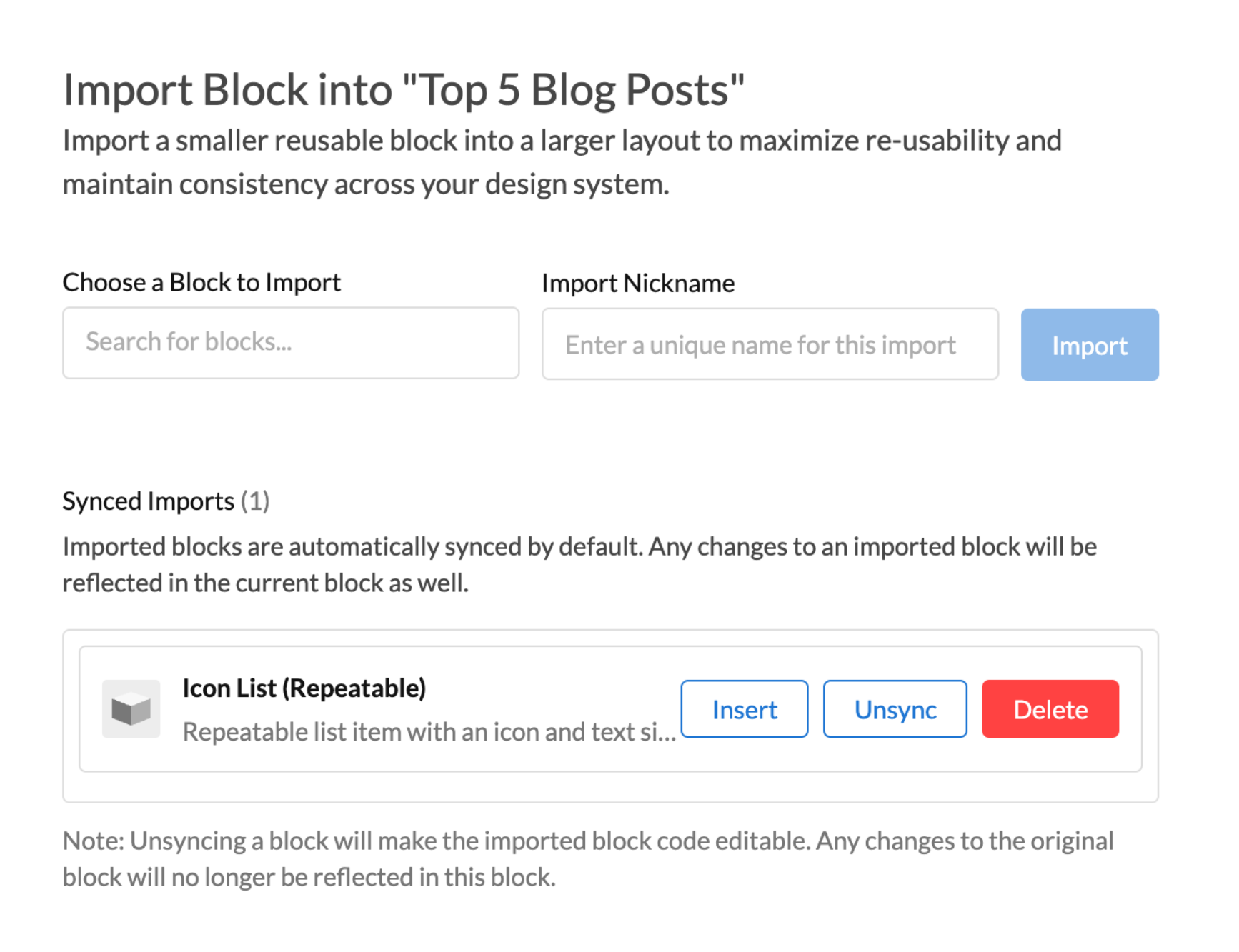 Block import interface